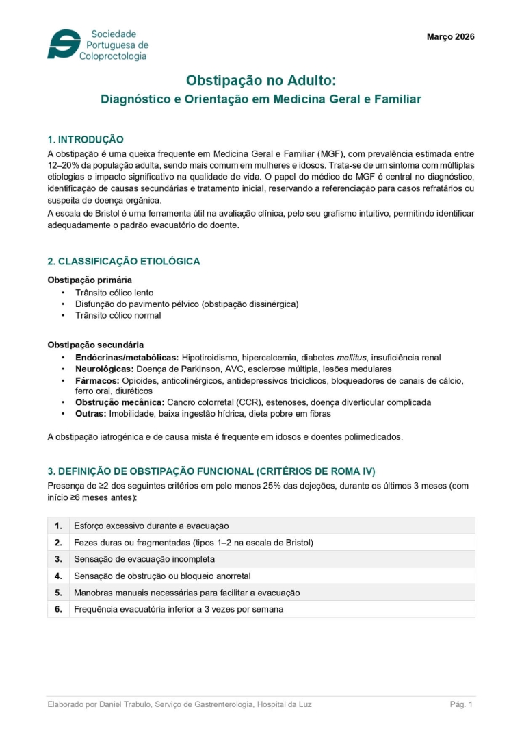 Obstipa��o no Adulto: Diagn�stico e Orienta��o em Medicina Geral e Familiar